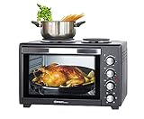 TZS First Austria Minibackofen 45 Liter 3200 Watt Mini-Backofen mit Kochplatten, Krümelblech, Drehspieß, Umluft Mini | Kochplatten separat bedienbar | gleichzeitig kochen backen