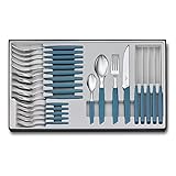 Victorinox Swiss Modern Besteck-Set für 6 Personen, 24-teilig, inkl. scharfe Steakmesser mit Wellenschliff, Kunststoffgriffe, Kornblumen-Blau