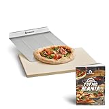 BURNHARD Pizzastein und Pizzaschaufel für Backofen, Gasgrill & Holzkohlegrill aus Cordierit und Edelstahl für Brot, Flammkuchen & Pizza, rechteckig - 38 x 30 x 1,5 cm