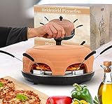 Heidenfeld Pizzaofen Pizzachef | Platz für 6 Personen - Elektrischer Pizza Ofen - 1100 Watt - Raclette Backofen mit Tonhaube - Pizzamaker inkl. Pizzaschaufeln - Stahlplatte mit Haltegriff (Terracotta)